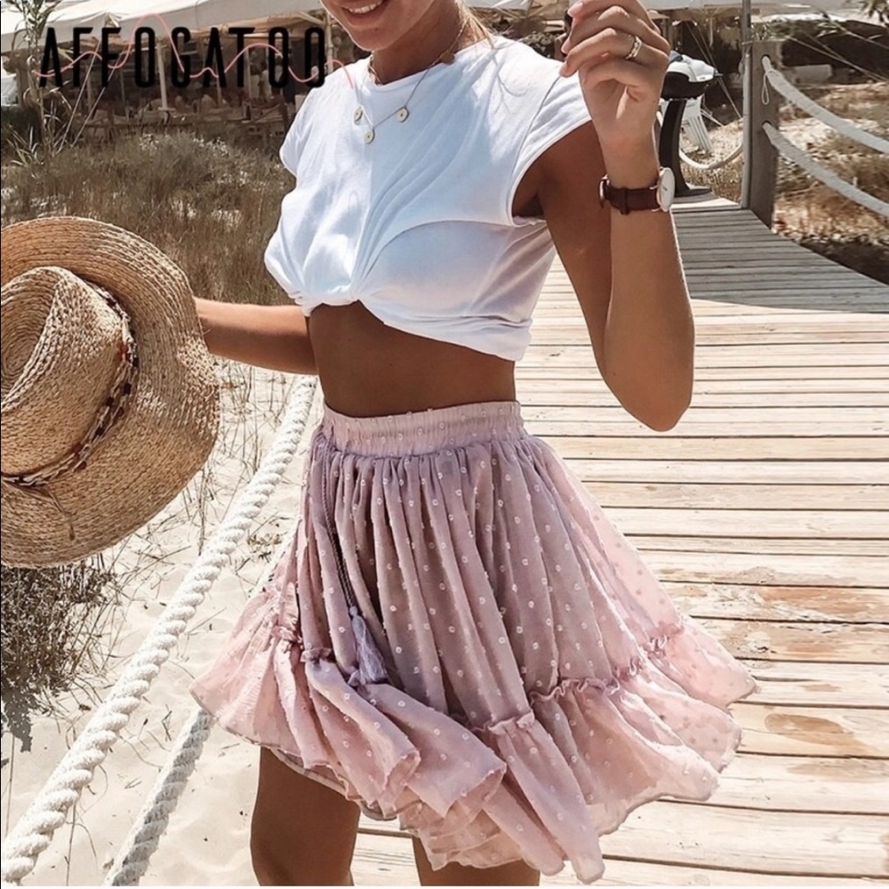 Pink ruffle polka dot mini high waist summer skirt